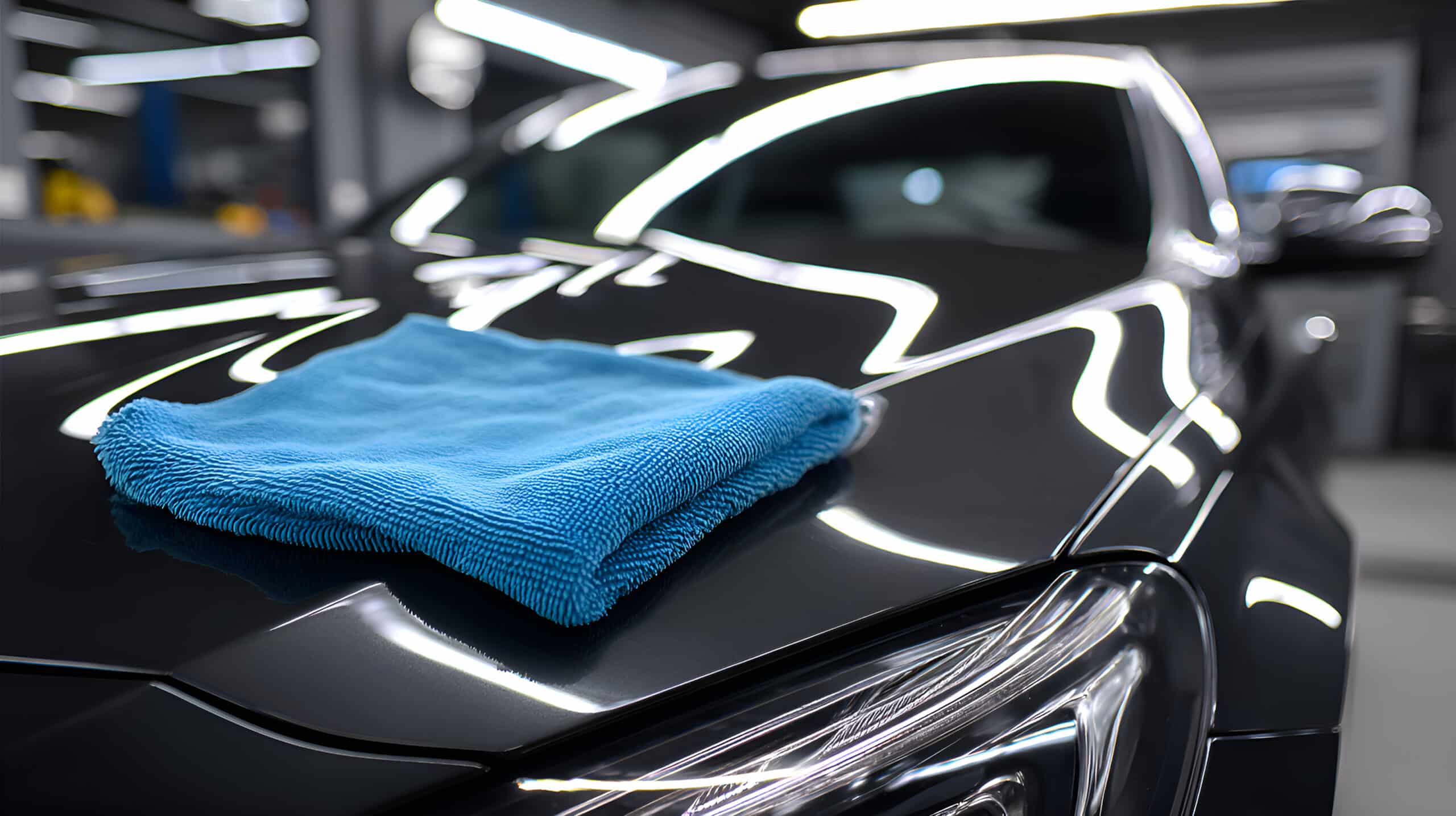 Microfiber cloth resting on polished dark car hood