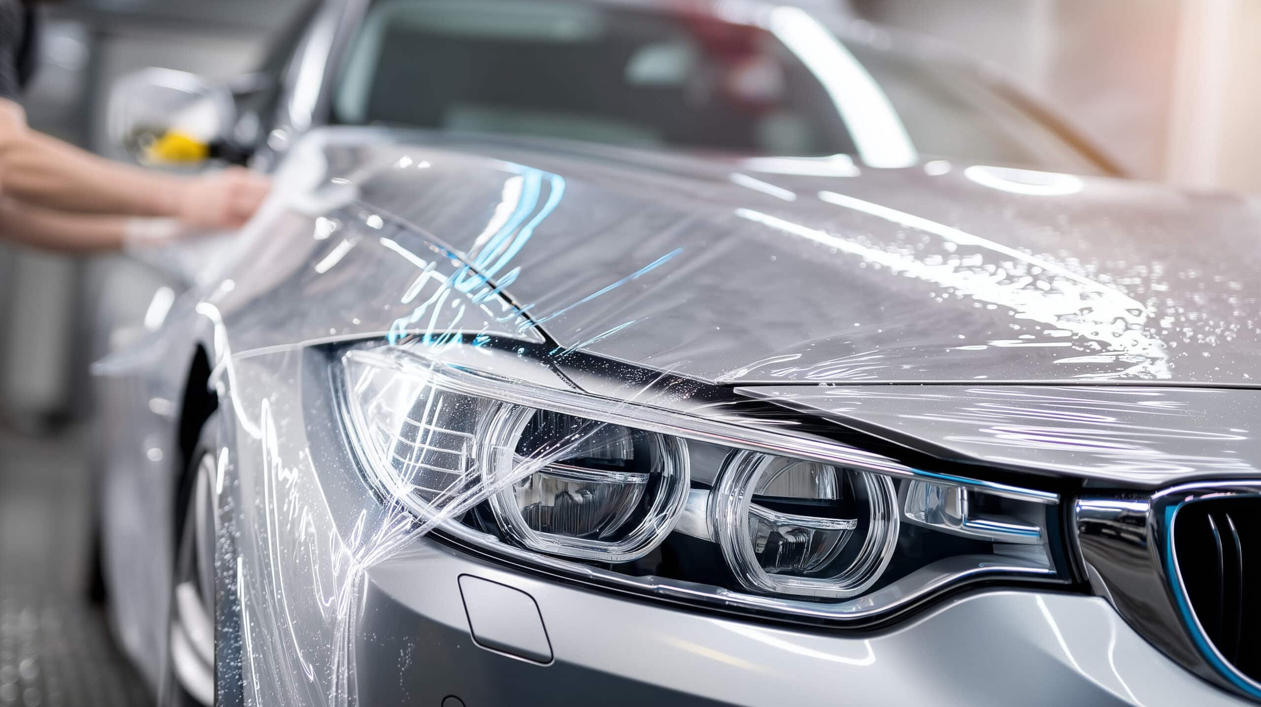 Car paint protection film being applied to vehicle front fender, automotive detailing, transparent protective wrap, car service, body protection, scratch prevention and premium aut